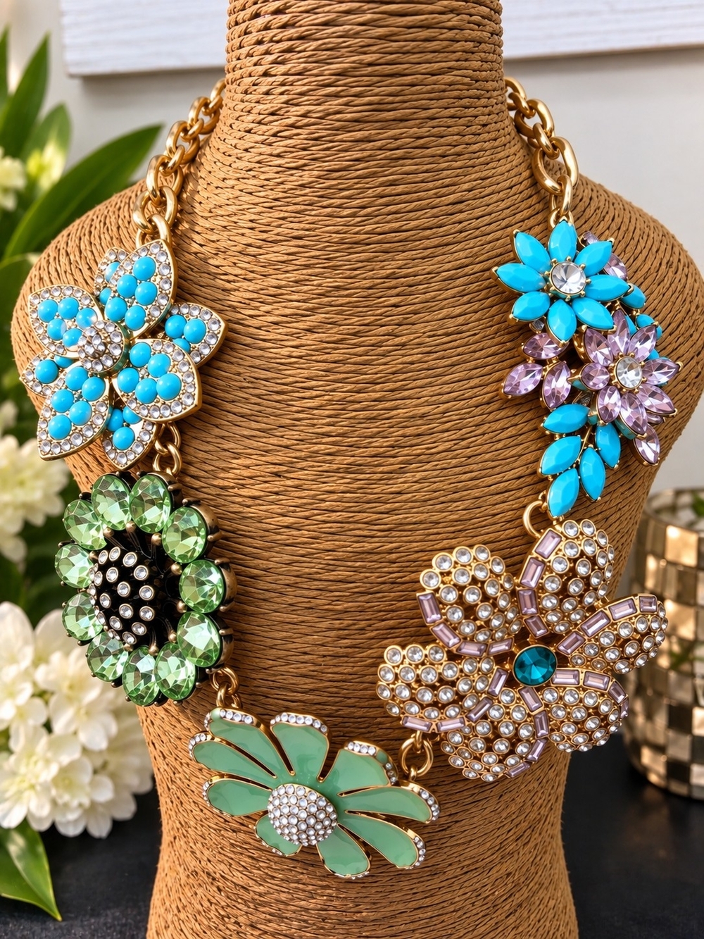 Gold Tone Multicolor Floral Statement Necklace - Turquoise, Green, Lavender